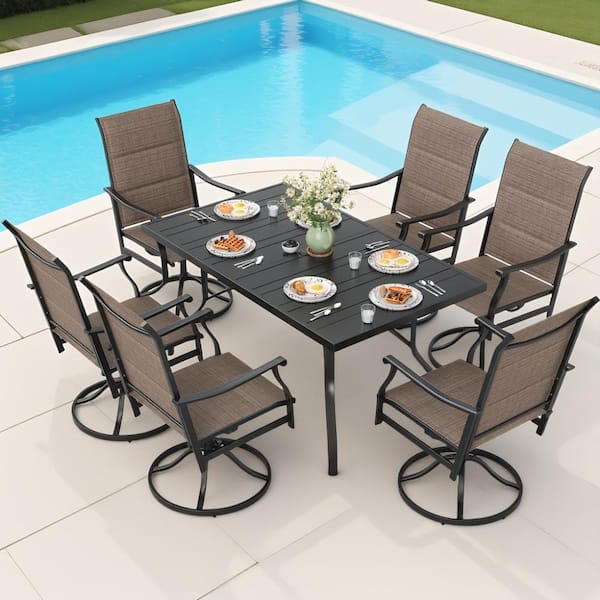 Poolside Dining 7-Piece Black Patio Dining Set in Brown with Paded Textilene Swivel ...