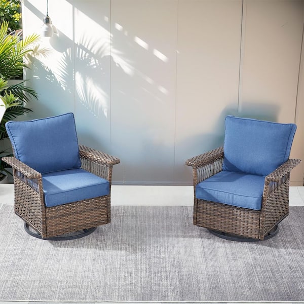 moosprr Modern Brown Wicker Outdoor Swivel Glider Chair with Blue Cushions and Seagull Armrest (2-Pack)