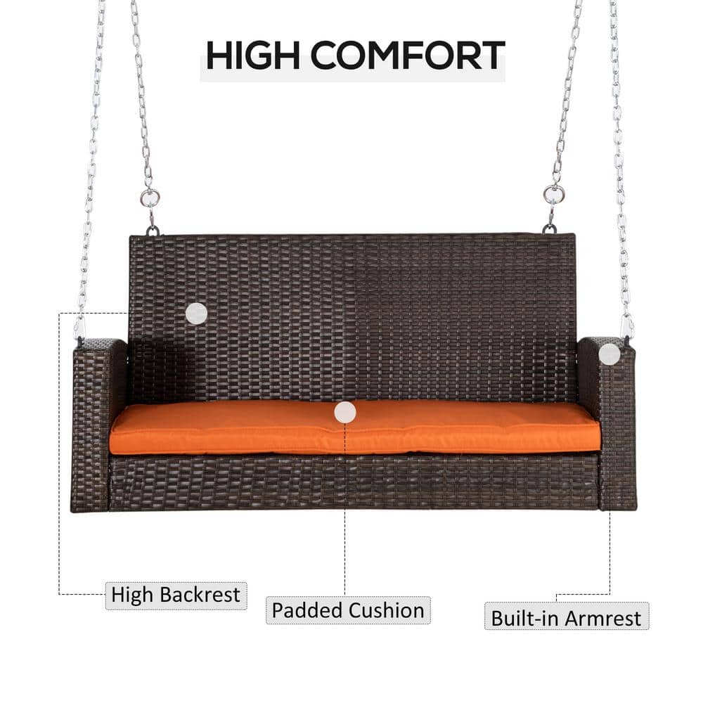 Mix Brown Wicker 2-Person Hanging Porch Swing with Orange Cushions