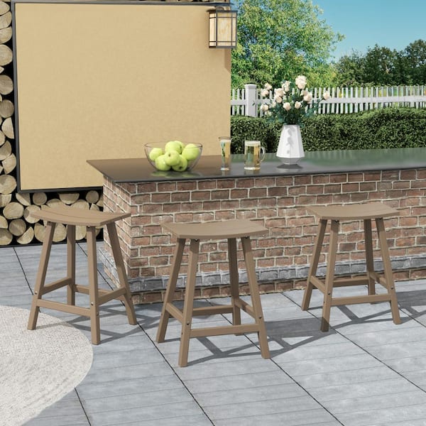 Franklin Weathered Wood 24 in. Poly HDPE Fade Resistant Outdoor Patio Saddle Seat Counter Height Bar Stool (Set of 3)