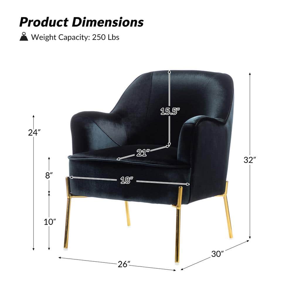 Elegant Black Velvet Curved Backrest Accent Chair with Golden Metal Legs