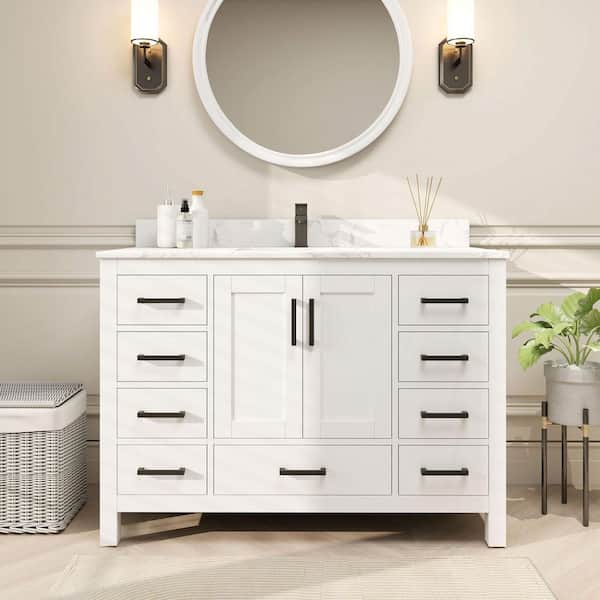 SJ STAR&JANE 48 in. W x 22 in. D x 34 in. H Bath Vanity in White with Marble Top with Basin