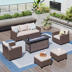 Brown Rattan 7-Seat 6-Piece Steel Outdoor Fire Pit Patio Set with Beige Cushions,Swivel Chair,Rectangular Fire Pit Table