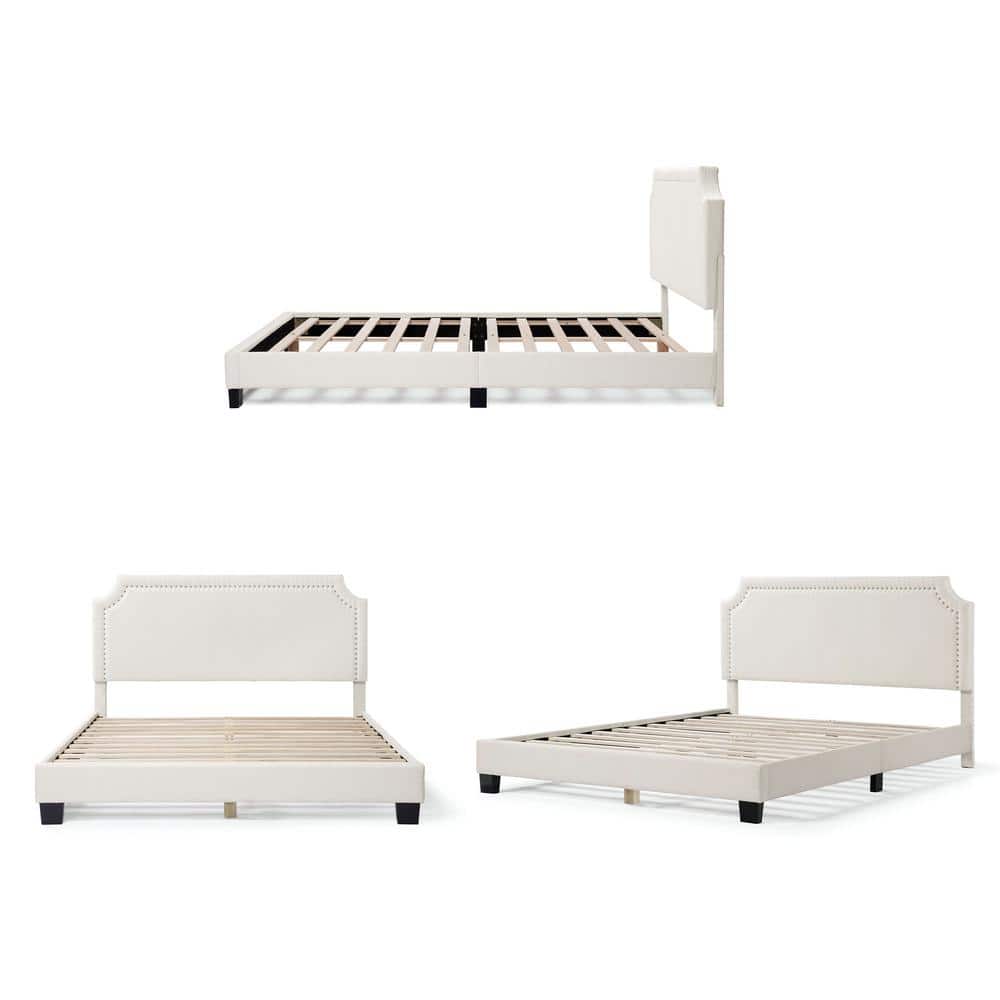 White Boucle Upholstered Queen Bed with Nailhead Trim and Wood Frame