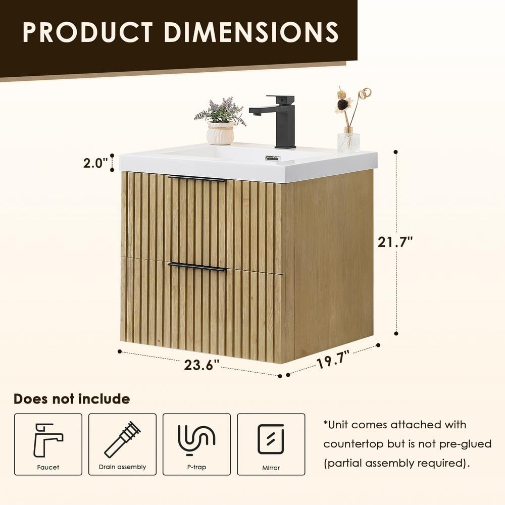 Livia 24" Nature Brown Fir Wood Wall-Mounted Vanity with White Sink