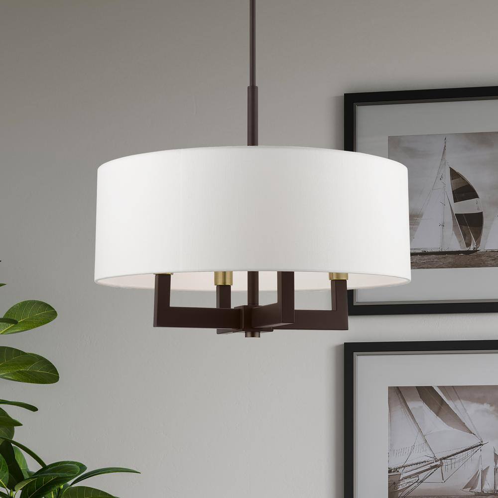 Bronze and Antique Brass 4-Light Chandelier with Off-White Shade