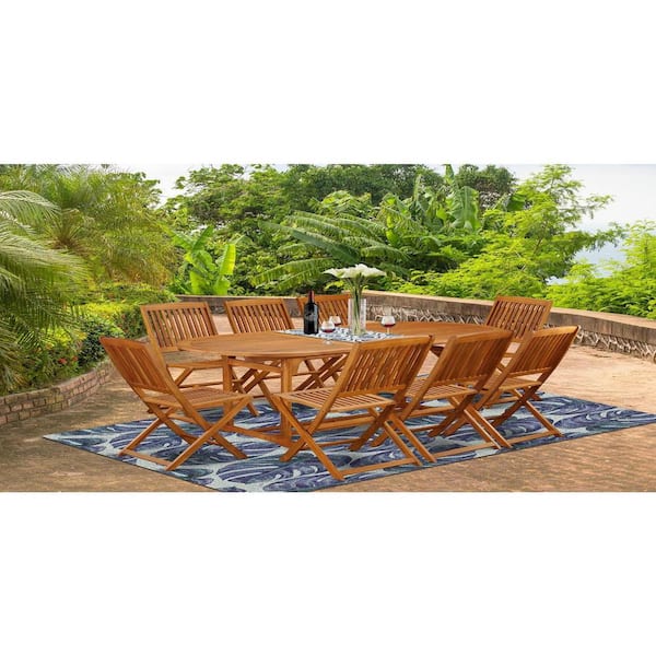 East West Furniture 9-Piece Natural Oak Finish Solid Wood Top Dining Table with 8 Chairs with Lattice Back