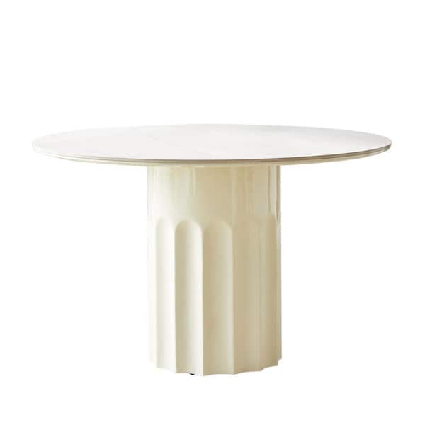 Lesly Modern Round White Composite Stone Tabletop Kitchen 59.06 in. Cream White Tempered Glass Pedestal Dining Table (6-Seats)