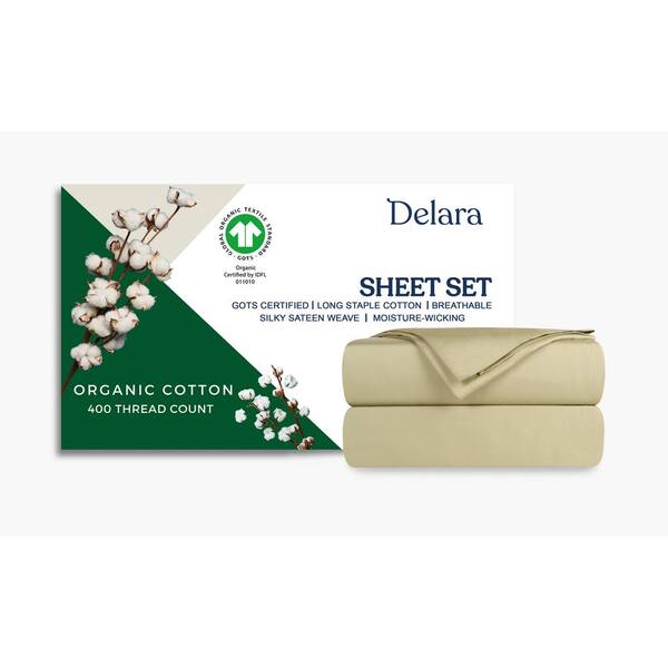 Delara 4-Piece Set Sage Green Solid 100% Organic Cotton Sheets sets, Cal King, Smooth and Breathable, Super Soft Sheet Sets
