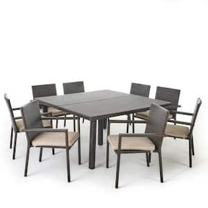 Gaston 30 in. Multi-Brown 9-Piece Metal Square Outdoor Dining Set with Textured Beige Cushions