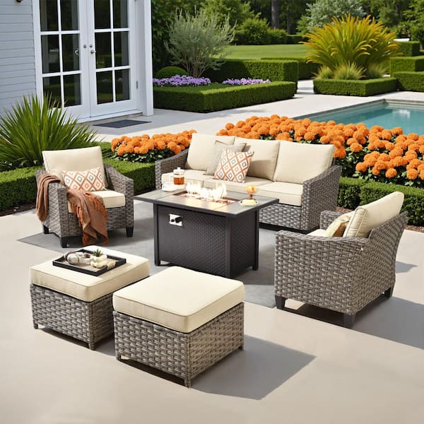 Caodoc Solora Gray 5-Piece Wicker Outdoor Patio Conversation Set w/ Beige Cushions, Ottomans & 43 in. Fire Pit Table for Garden