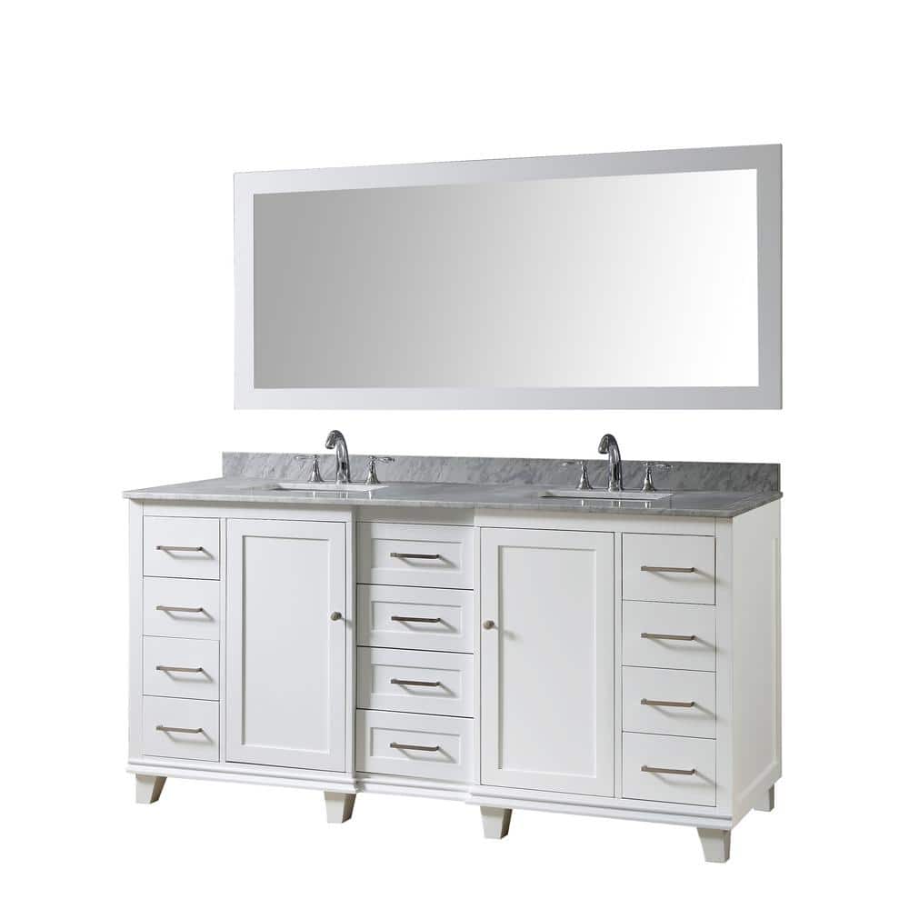 White Double Bathroom Vanity with Marble Top and Storage Drawers