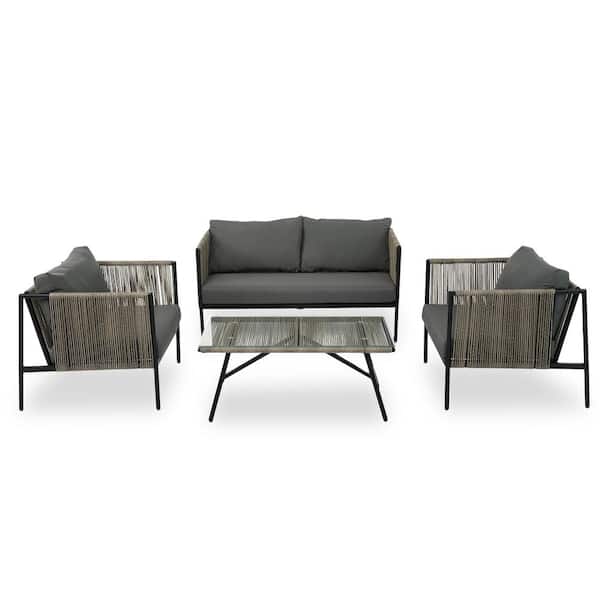 Sudzendf 4-Piece Wicker Rope Sofa Set All-Weather Patio Furniture Set with Gray Cushions