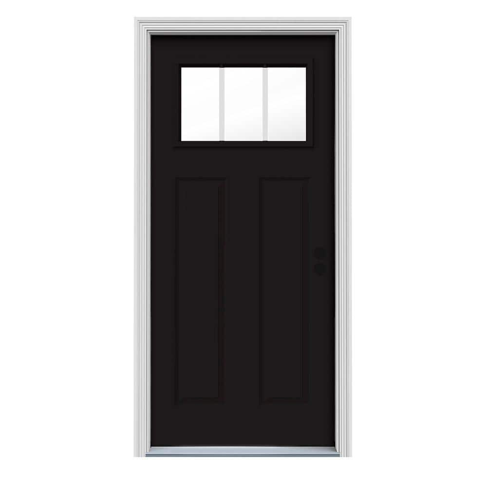 JELD-WEN 36 in. x 80 in. 3 Lite Craftsman Black Painted Steel Prehung ...