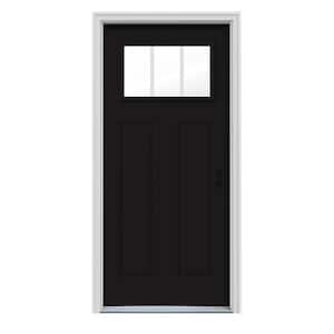 36 in. x 80 in. 3 Lite Craftsman Black Painted Steel Prehung Left-Hand Inswing Front Door w/Brickmould