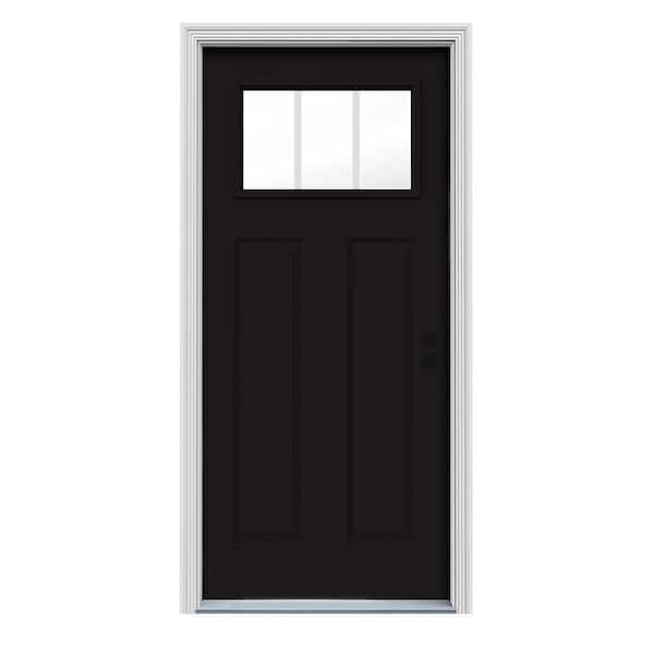 JELD-WEN 36 in. x 80 in. 3 Lite Craftsman Black Painted Steel Prehung Left-Hand Inswing Front Door w/Brickmould
