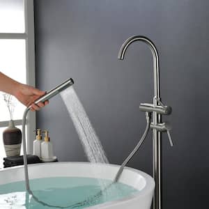 Freestanding Double Handle Brass Tub Faucet with Handheld Spout in Brushed Nickel