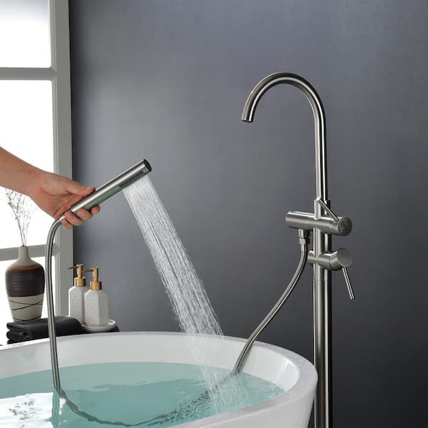 Staykiwi Freestanding Double Handle Brass Tub Faucet with Handheld Spout in Brushed Nickel