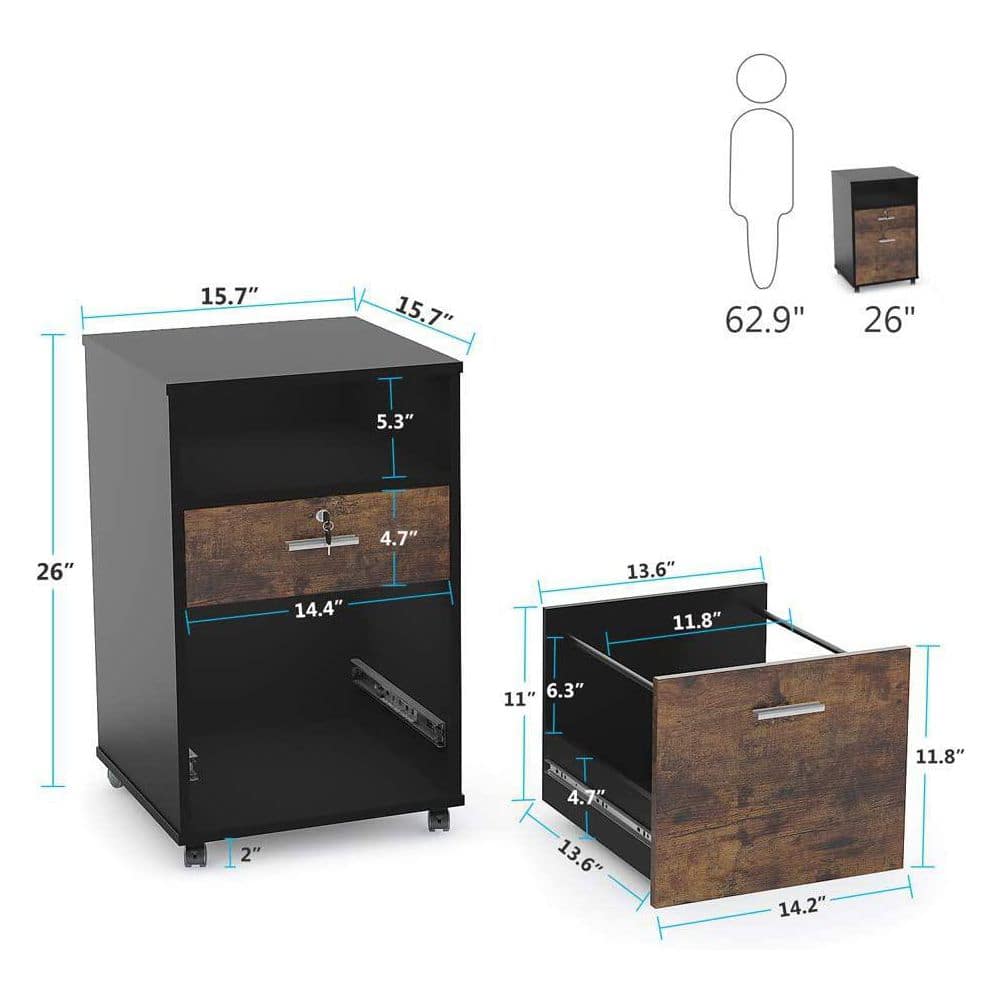Measurement diagram of the brown wood and black mobile file cabinet.