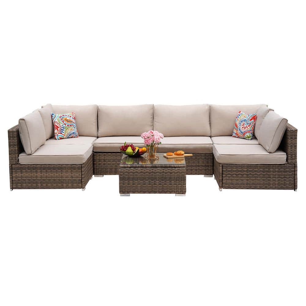 7-Piece Light Brown Wicker Outdoor Sectional Sofa Set with Beige Cushions a