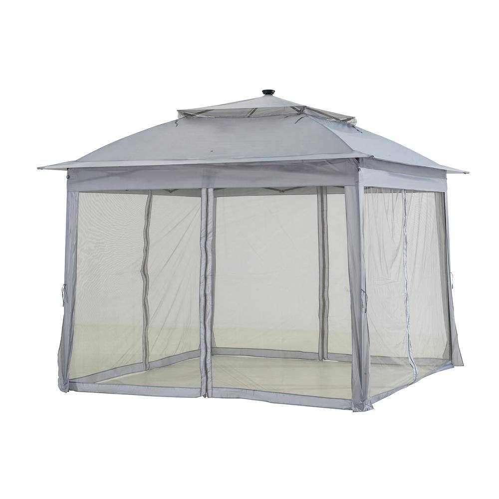 Gray 11x11 Steel Frame Pop-Up Gazebo with Solar LED Lights