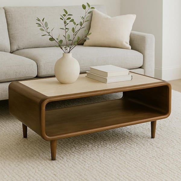 36 in. Brown Rectangle Travertine Stone Coffee Table with Open Storage Shelf