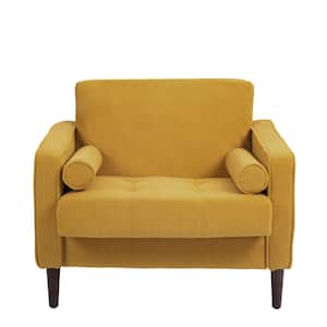 Mid-Century Modern Yellow Corduroy Fabric Upholstery Arm Chair with 2 Bolster Pillows (Set of 1)