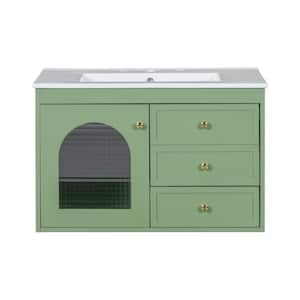 30 in. W Wall-Mounted Bath Vanity in Green with White Ceramic Vanity Top, 1-Door and 2-Drawers