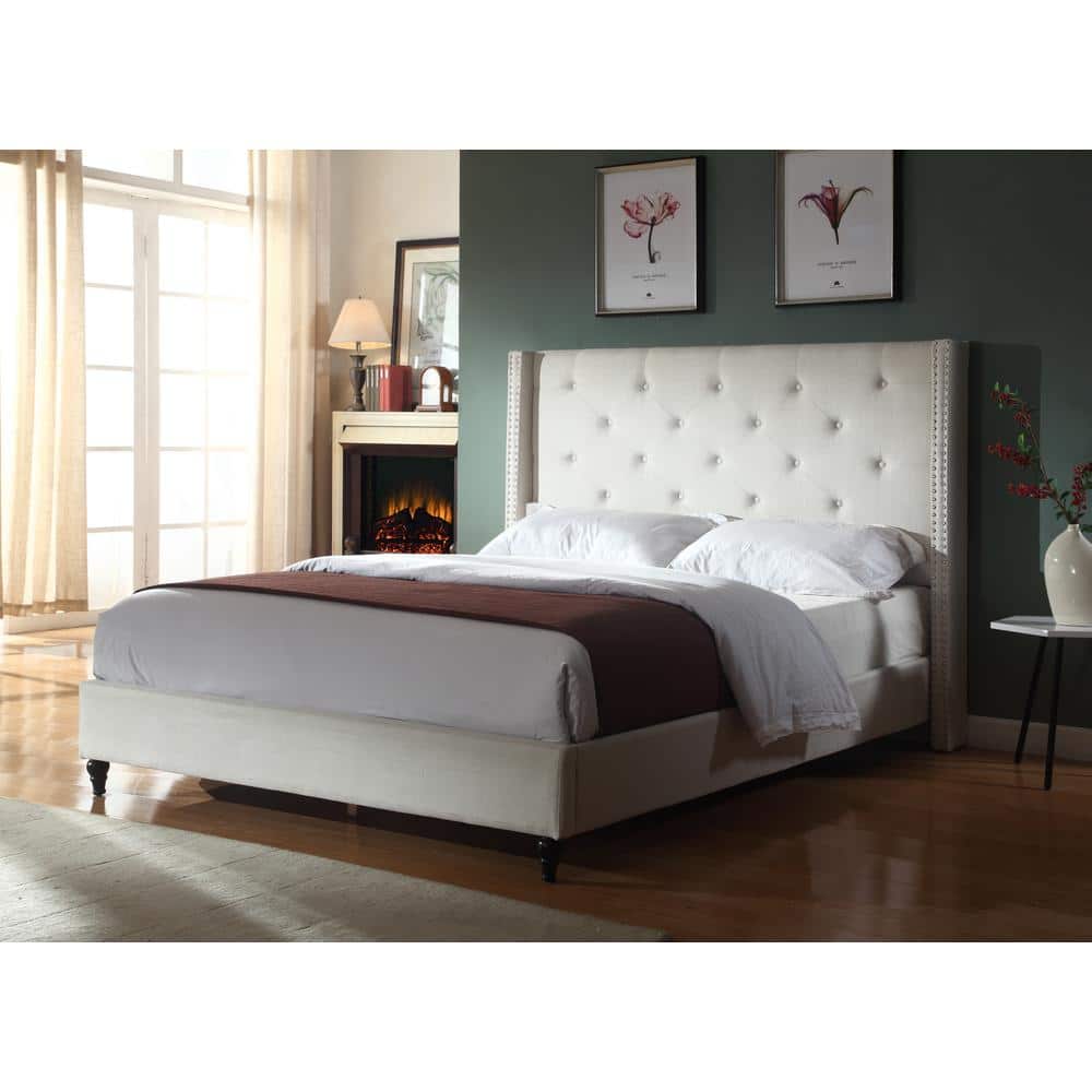 Valentina Beige Linen King Bed with Tufted Wingback and Nailhead Trim
