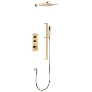 Thermostatic 2-Spray Patterns 10 in. Wall Mount Dual Shower Heads with Adjustable Height Hand Shower in Brushed Gold