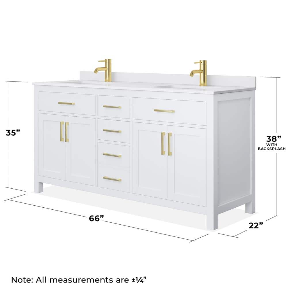 Beckett Freestanding 66'' White Double Vanity with Marble Top and Gold Accents