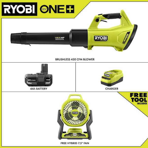 ONE+ HP 18V Brushless 450 CFM Cordless Leaf Blower w/ 4.0 Ah Battery, Charger & FREE ONE+ 18V Cordless Hybrid 7-1/2" Fan