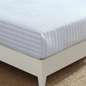 Beaux Stripe 1-Piece Blue Cotton Queen Fitted Sheet