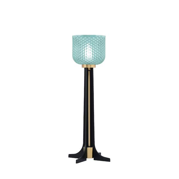 Unbranded Delgado 22.25 in. Matte Black & New Age Brass Accent Lamp Turquoise Textured Glass Shade