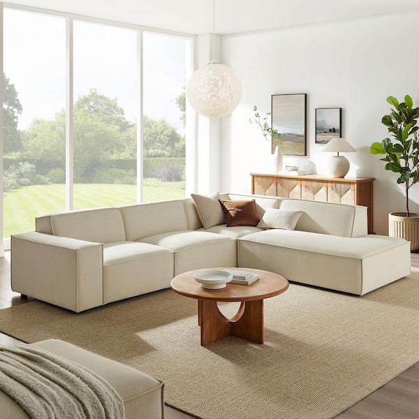 Restore 131.6 in. Performance Polyester Fabric Upholstered 4-Piece Modular L-Shaped Sectional Sofa in Ecru