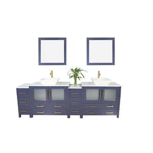 Ravenna 96 in. W Double Basin Bathroom Vanity in Blue with White Engineered Marble Top and Mirrors