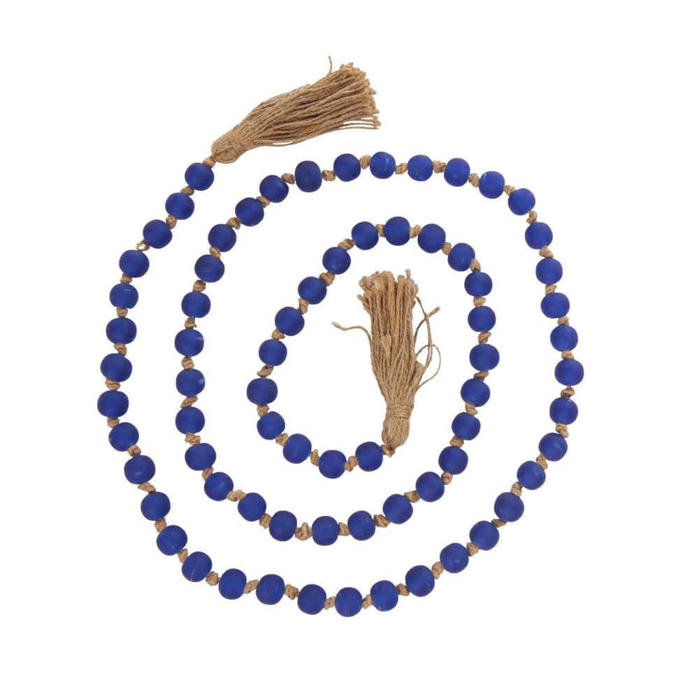 Litton Lane Blue Handmade Glass Round Long Frosted Beaded Garland with Tassel with Knotted Brown Jute