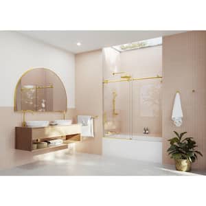 60 in. x 60 in. Frameless Bath Tub Sliding Shower Door in Satin Brass