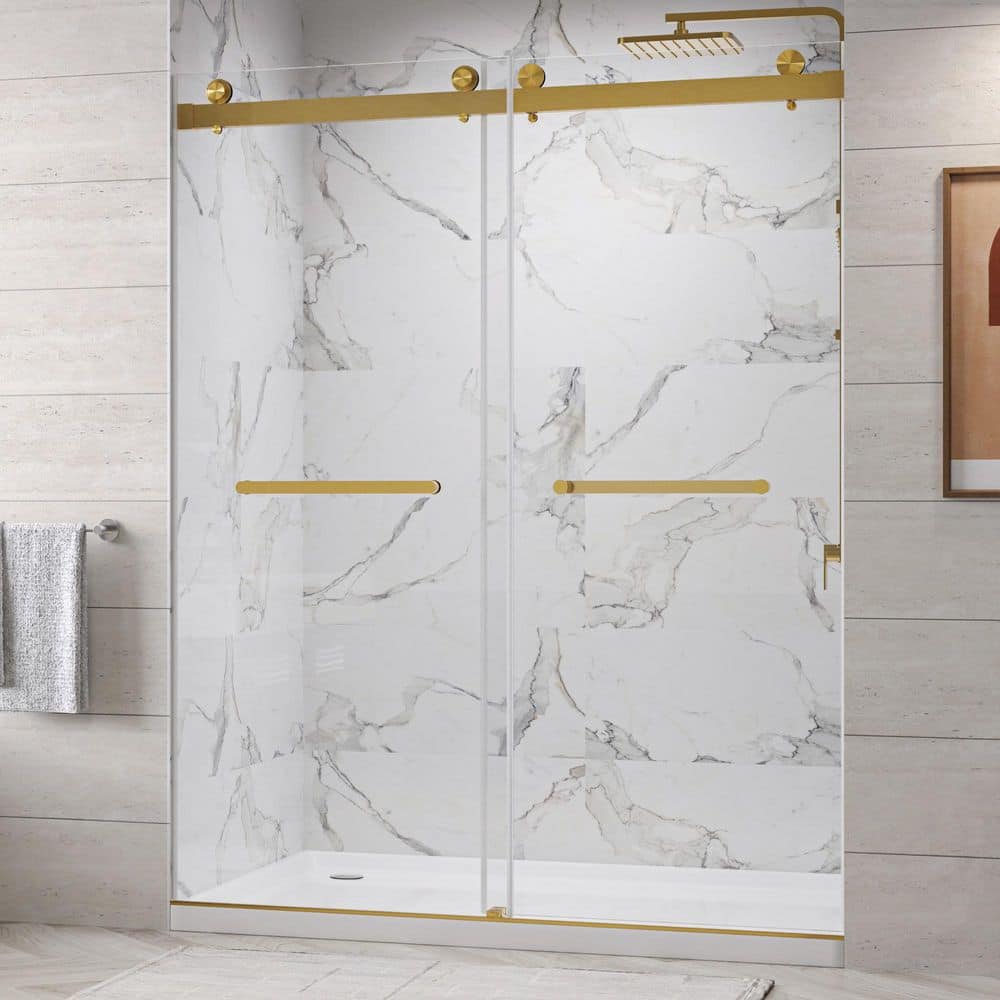 SolaPlus 62-66 in. W x 76 in. H Soft-Close Frameless Double Sliding in Brushed Gold with 10mm Clear Glass price history on PriceWatchPro