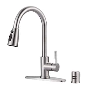 Single Handle Pull Down Sprayer Kitchen Faucet Stainless Steel with Deck Plate and Air Gap Kit in Brushed Nickel