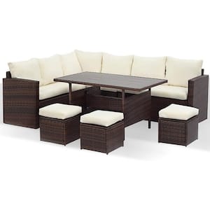 7-Piece PE Rattan Wicker Patio Dining Sectional Cushions Sofa Set in Brown