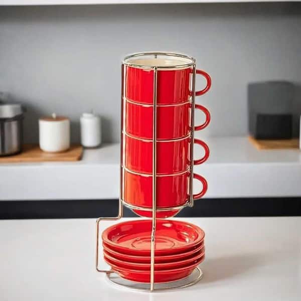 Anqtovp 4 oz. Red Porcelain Stackable Espresso Cups with Saucers