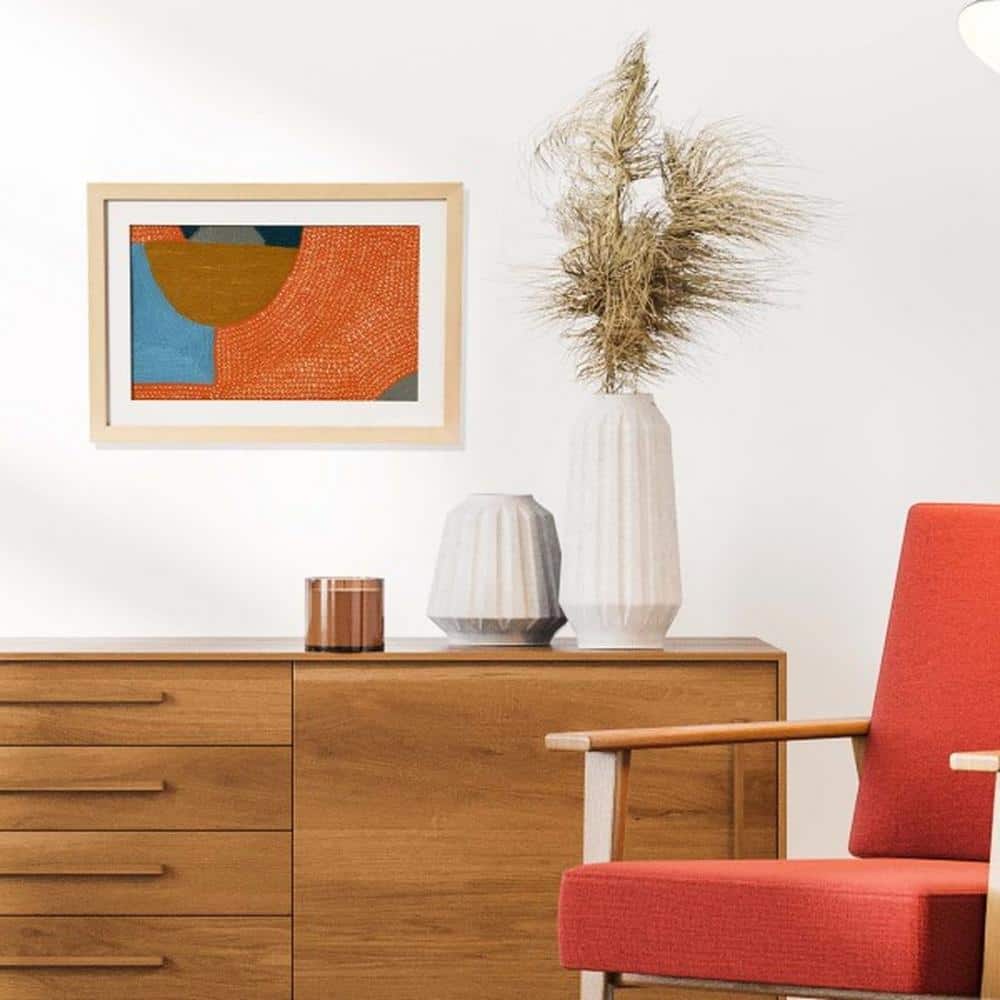 Framed Abstract Textile Art with Brown Wood Frame