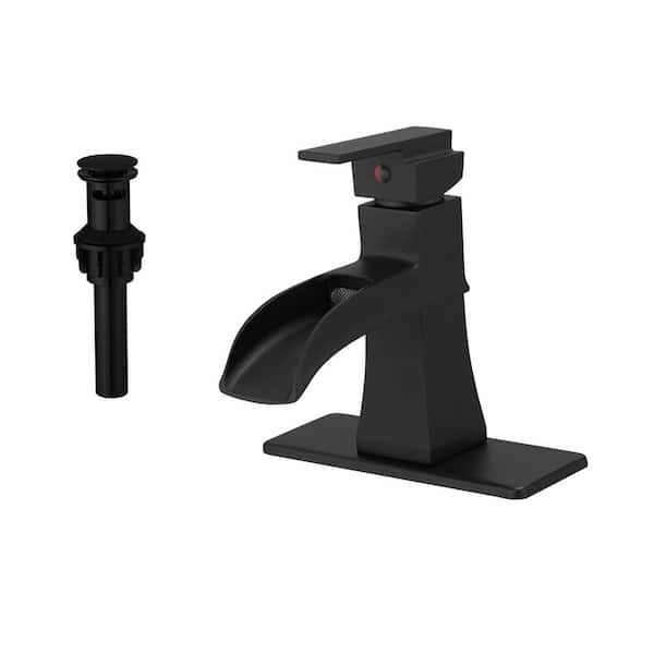 AIMADI Single Handle Single Hole Bathroom Faucet with Pop-Up Drain Modern Waterfall Brass Bathroom Basin Taps in Matte Black
