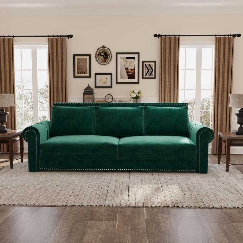 93.7 in. Square Arm Velvet Rectangle Sofa in Green with Nailhead Trim and Rolled Arm price history on PriceWatchPro