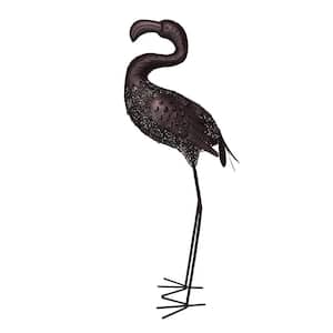 35 in. Steel Indoor/ Outdoor Animal Garden Curved Neck Flamingo Metal Bird Sculpture Statue with Solar Light