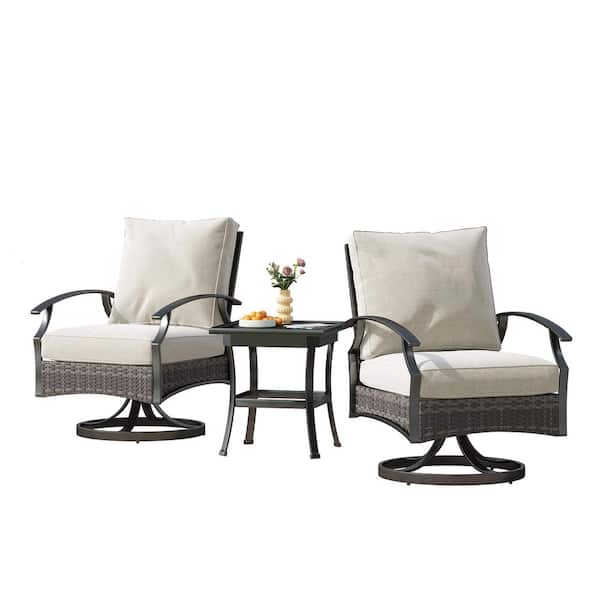 3-Piece Metal Swivel Outdoor Rocking Chairs Patio Conversation Set with Beige Cushions