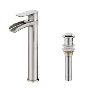 Single Handles Waterfall Vessel Sink Faucet with Pop-Up Drain assembly in Brushed Nickel