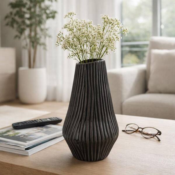 Liv & Skye 14.25 in. Black Ceramic Asymmetrical Cylinder Sculptural Tapered Decorative Vase
