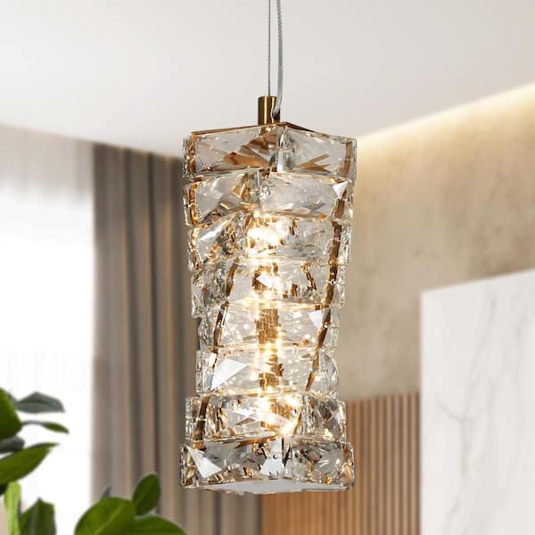 Zevni Modern 1-light Plating Brass Integrated LED Pendant Light with Cylinder Crystal Shade, Glam Dining Room Chandelier